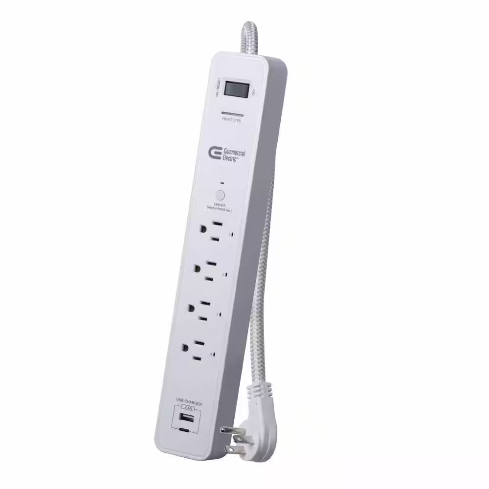 3 Ft. 4-Outlet White Surge Protector Smart with USB Powered by Hubspace