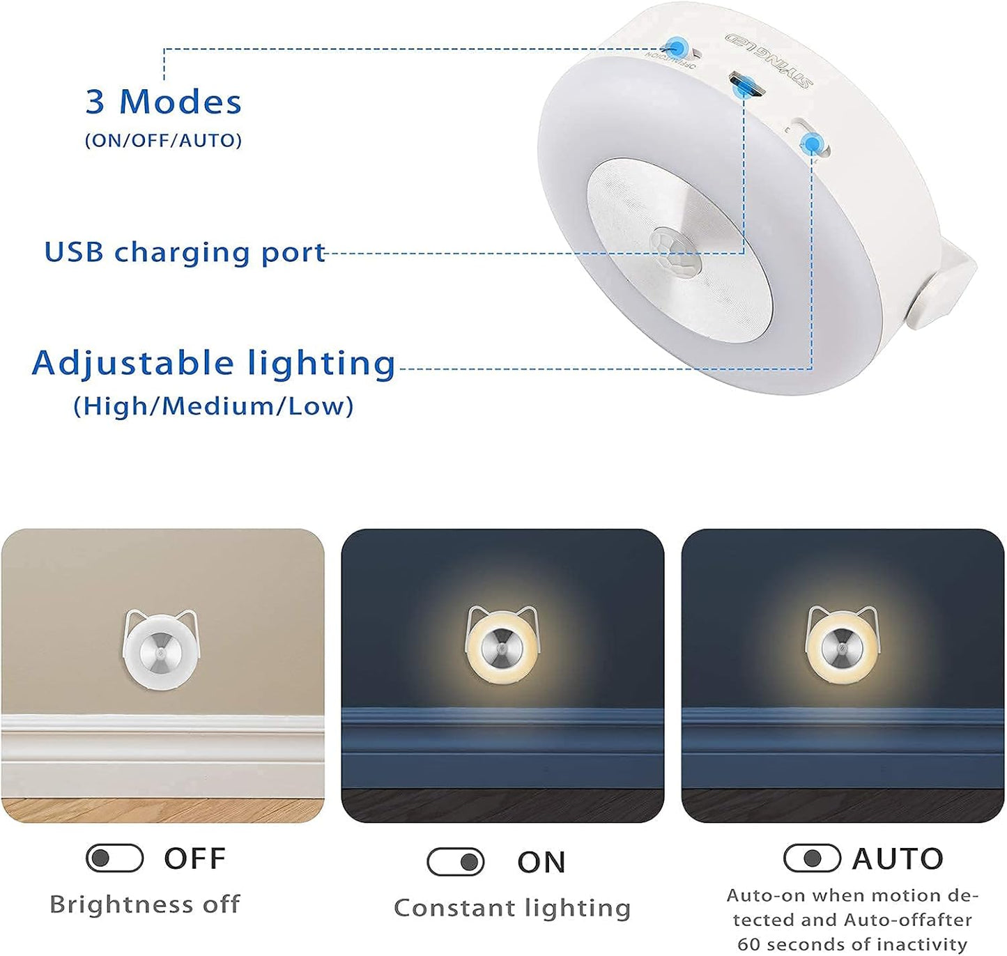 Upgraded Rechargeable Motion Sensor Stick-On Night Light Indoor,Led Closet Lights with Rotatable Bracket Design(2 Pack), Adjustable Nightlight for Stairs Bedroom Bathroom Kitchen Hallway
