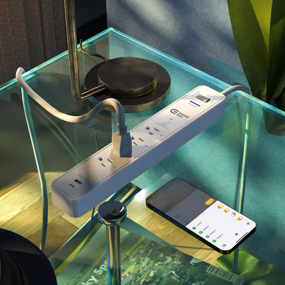 3 Ft. 4-Outlet White Surge Protector Smart with USB Powered by Hubspace