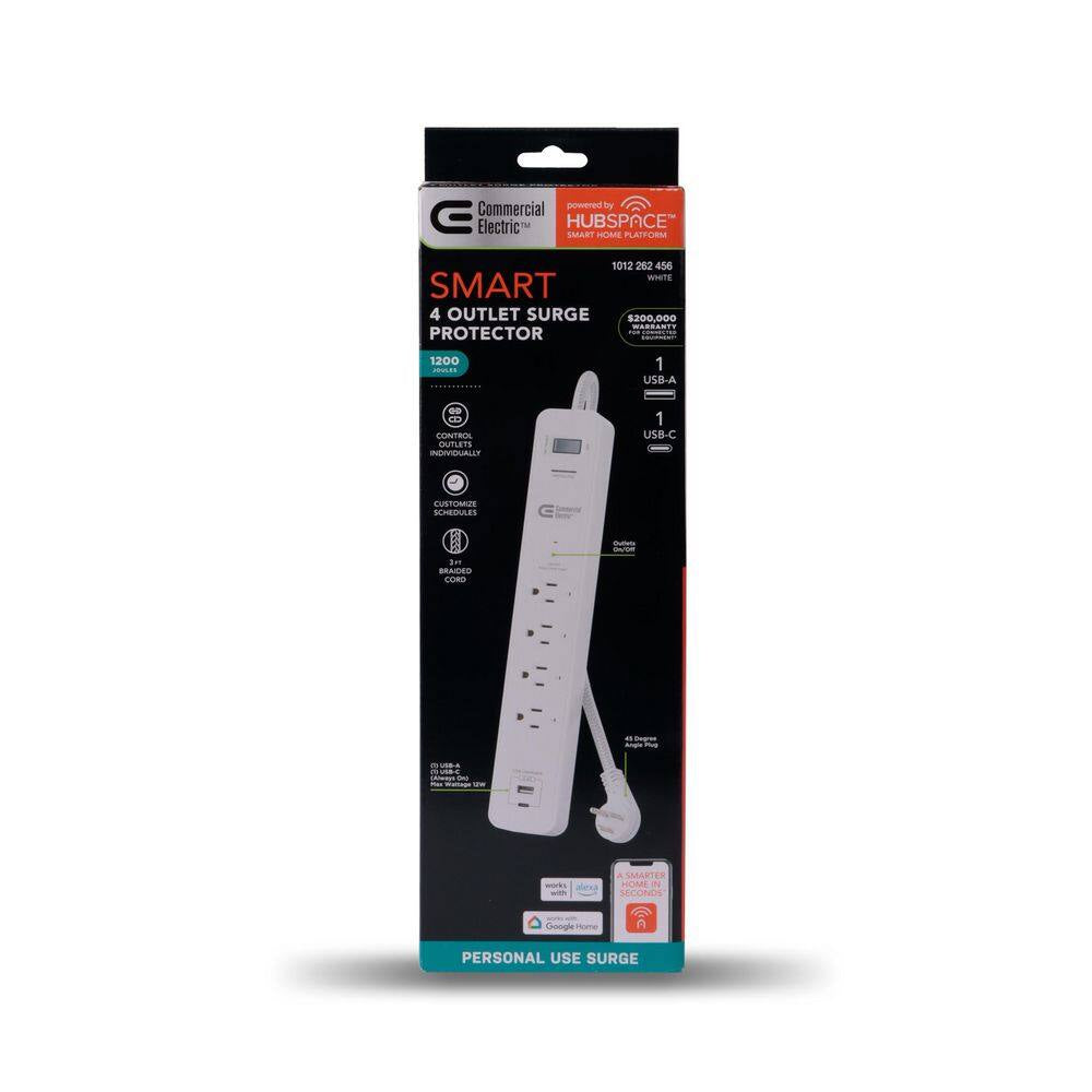 3 Ft. 4-Outlet White Surge Protector Smart with USB Powered by Hubspace