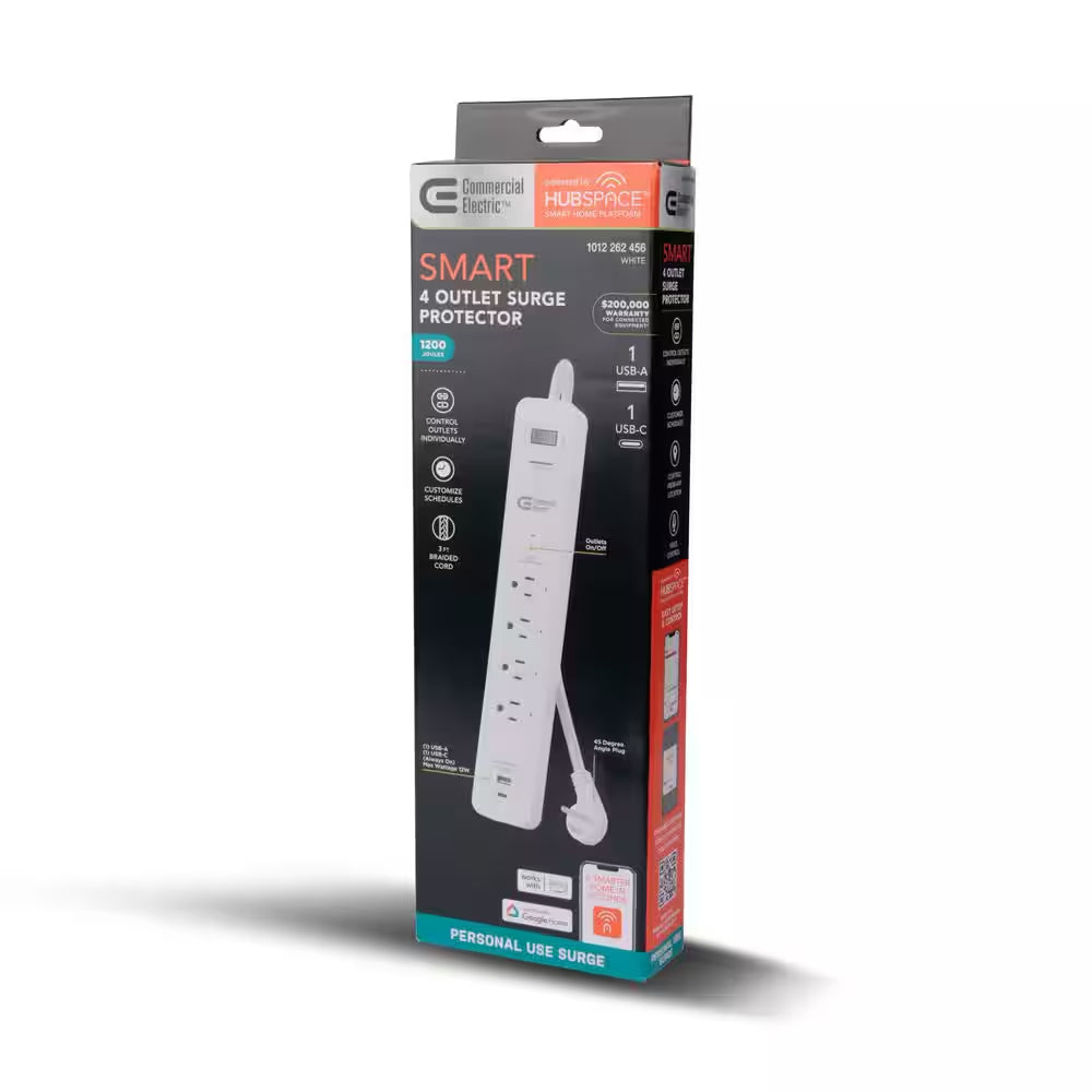 3 Ft. 4-Outlet White Surge Protector Smart with USB Powered by Hubspace