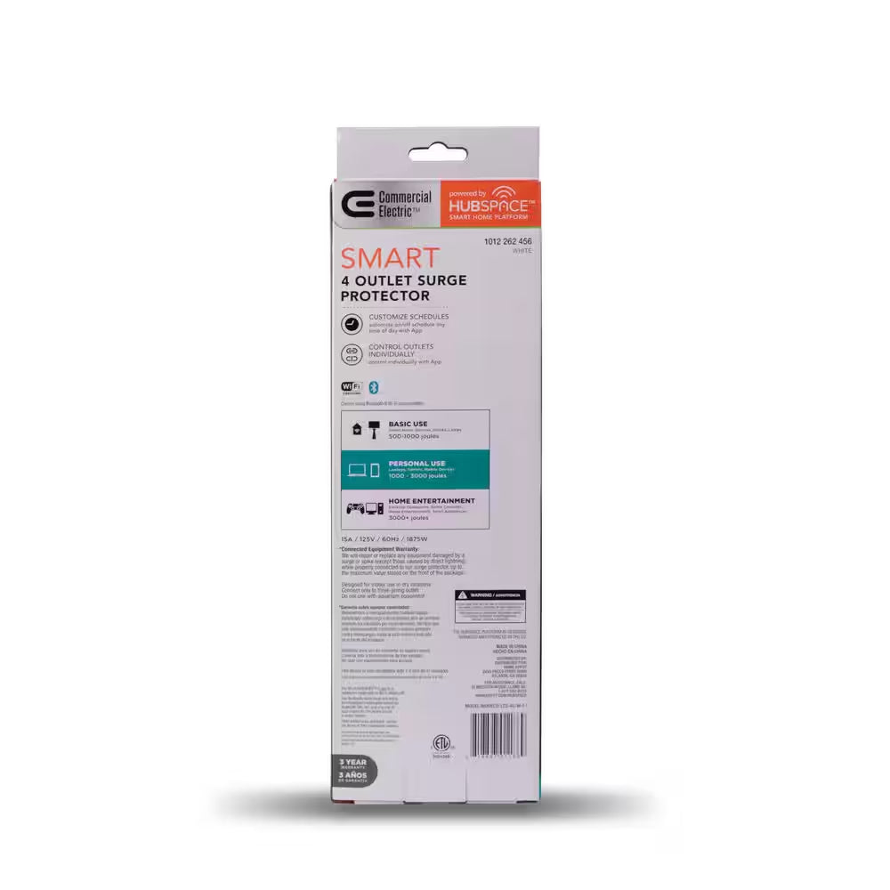 3 Ft. 4-Outlet White Surge Protector Smart with USB Powered by Hubspace